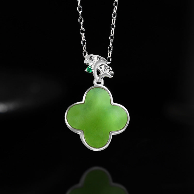 Natural Spinach Green Aged Hetian Green Jade Four-Leaf Clover Pendant with S925 Silver for Women