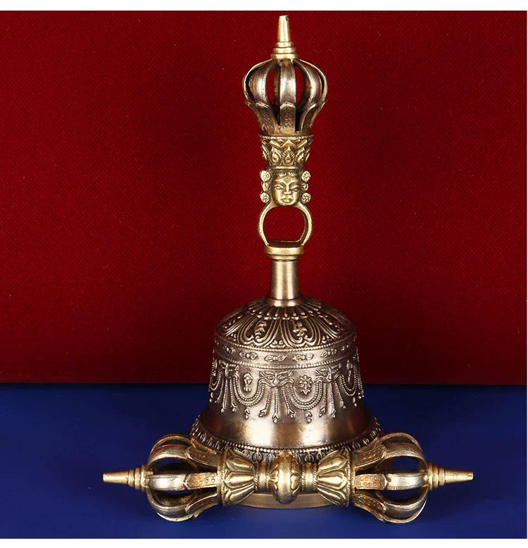 Nepalese Handmade Nine-Pronged Vajra Bell and Dorje Set in Pure Copper (Model 5)