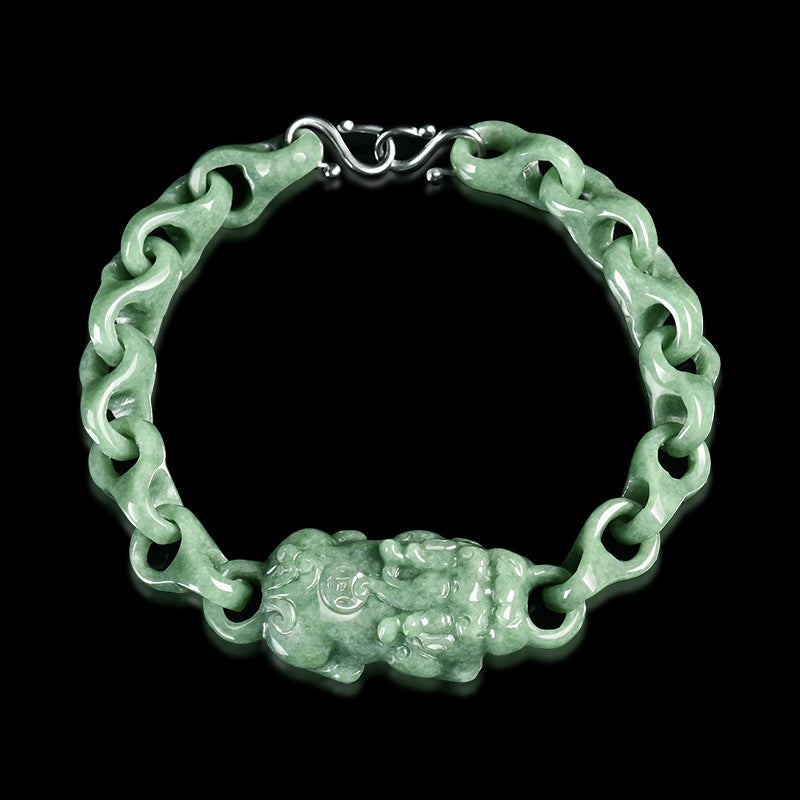 Natural A-Grade Bean Green Jadeite Pixiu Bracelet – Central Pixiu Talisman, Spiritual Protection, Unisex Design
