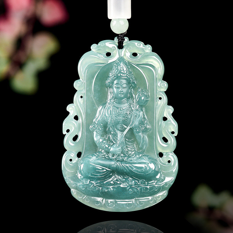 Natural Blue Water Jadeite Mahasthamaprapta Guanyin Pendant – A-Grade Ice-Type Jade, Compassion & Protection Talisman