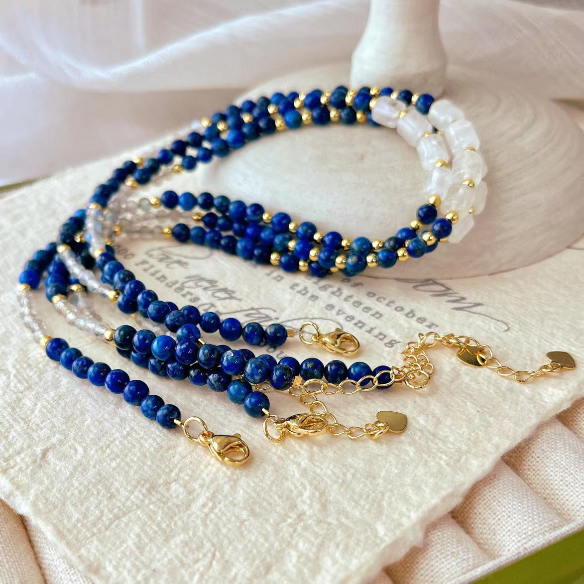 Vintage Natural Lapis Lazuli Necklace White Crystal Gray Moonstone Clavicle Chain Necklace