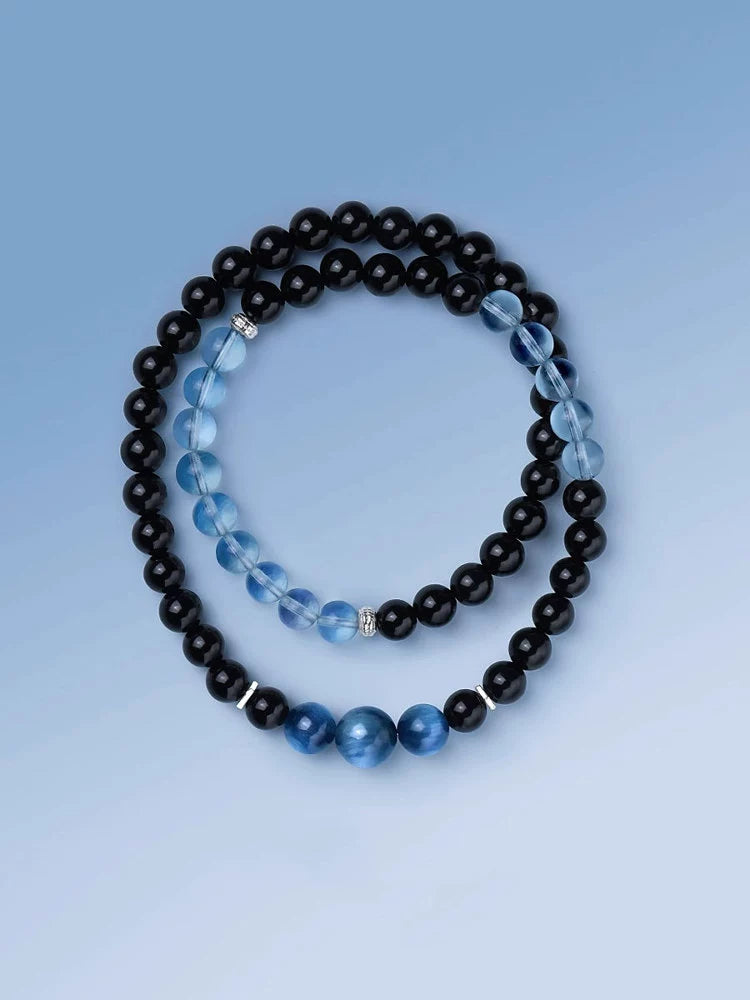 Obsidian & Aquamarine Double-Wrap Bracelet – New Year Fortune & Wealth Attraction Charm