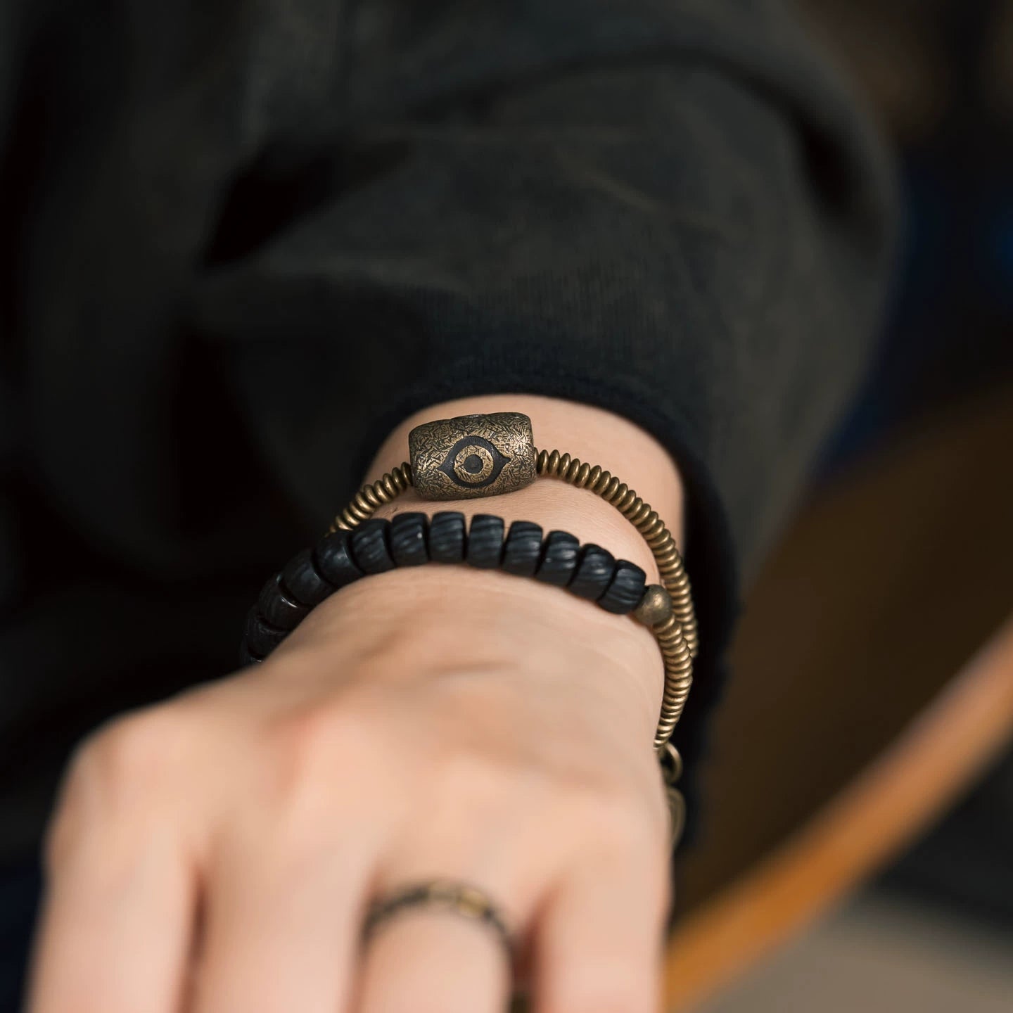 Tibetan Handmade Double-Wrap Coconut Shell & Brass Dzi Bracelet · Earthborn Wisdom, Sacred Protection