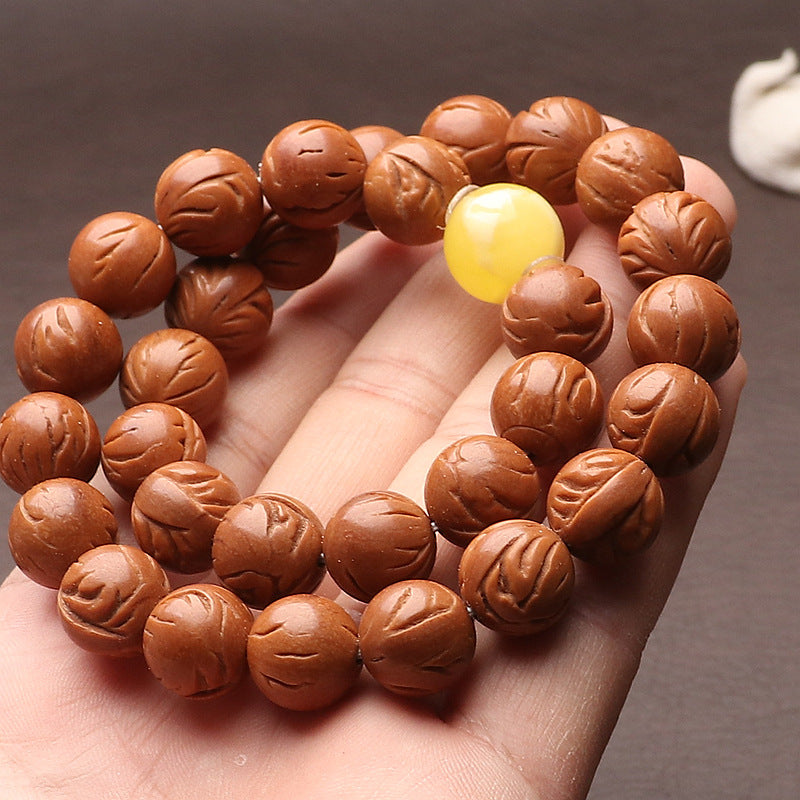 Natural Dragon-Pattern Peach Pit Bracelet – Handcrafted Wenwan Prayer Beads
