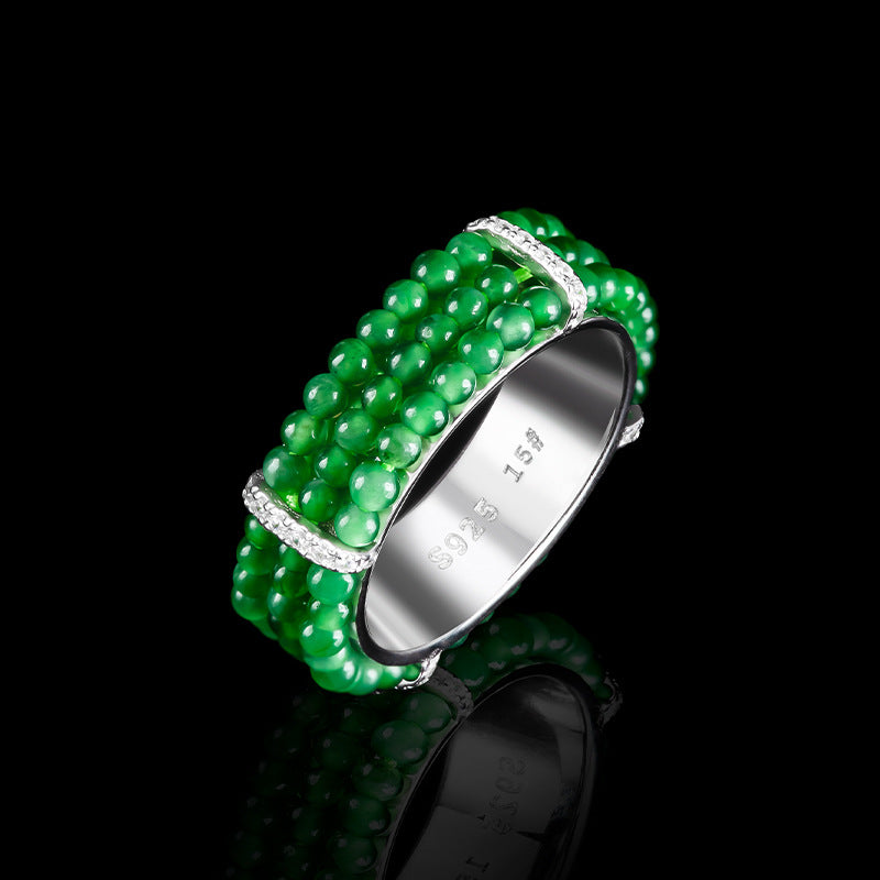 Natural A-Grade Jade “Emerald Green” Beaded Ring — S925 Sterling Silver