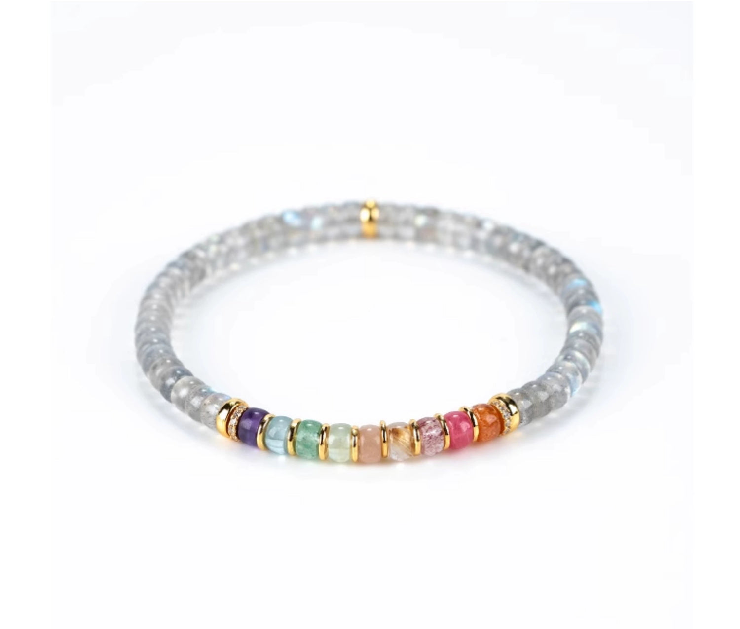 Unisex Natural Gray Moonstone Rainbow Labradorite Thin Slice Bracelet – 18K Gold Plated Silver Multi-Gemstone