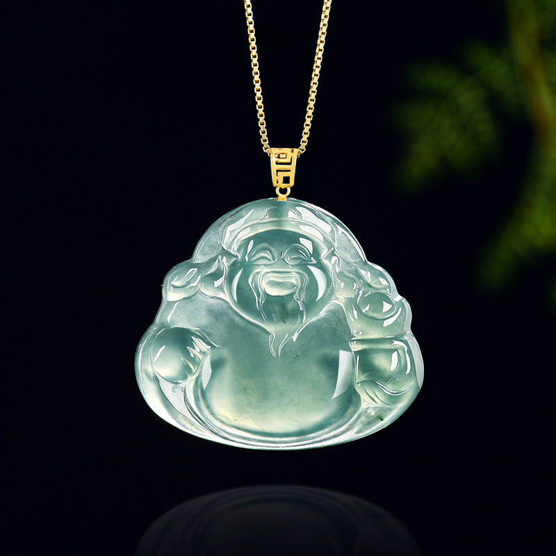 Natural Blue Water Jadeite Cai Shen Pendant – A-Grade Jade, 18K Gold Setting, Auspicious Wealth Talisman