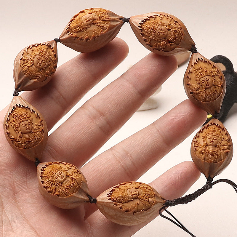 Hand-Carved Natural Four-Line Olive Pit Guanyin Bracelet
