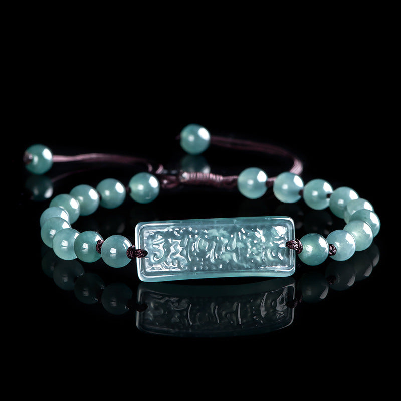Natural A-Grade Blue Jadeite Six-Character Mantra Bracelet — Handwoven Ice-Grade Jade Lucky Charm