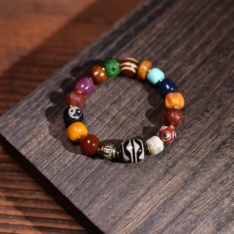 Tibetan Natural Agate Multicolored  Bead Bracelet