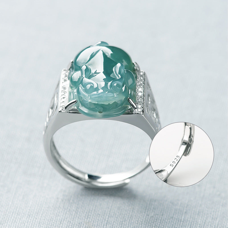 Natural A-Grade Blue Water Jadeite Pixiu Ring – S925 Silver, Adjustable Band, Unisex Fashion Ring