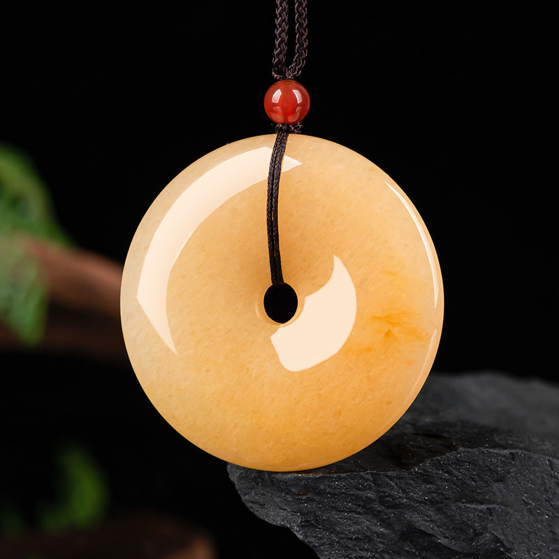 Natural Xinjiang Golden Silk Jade Pi Disc Pendant – Hand-Carved Peace Charm, Unisex Feng Shui Jewelry