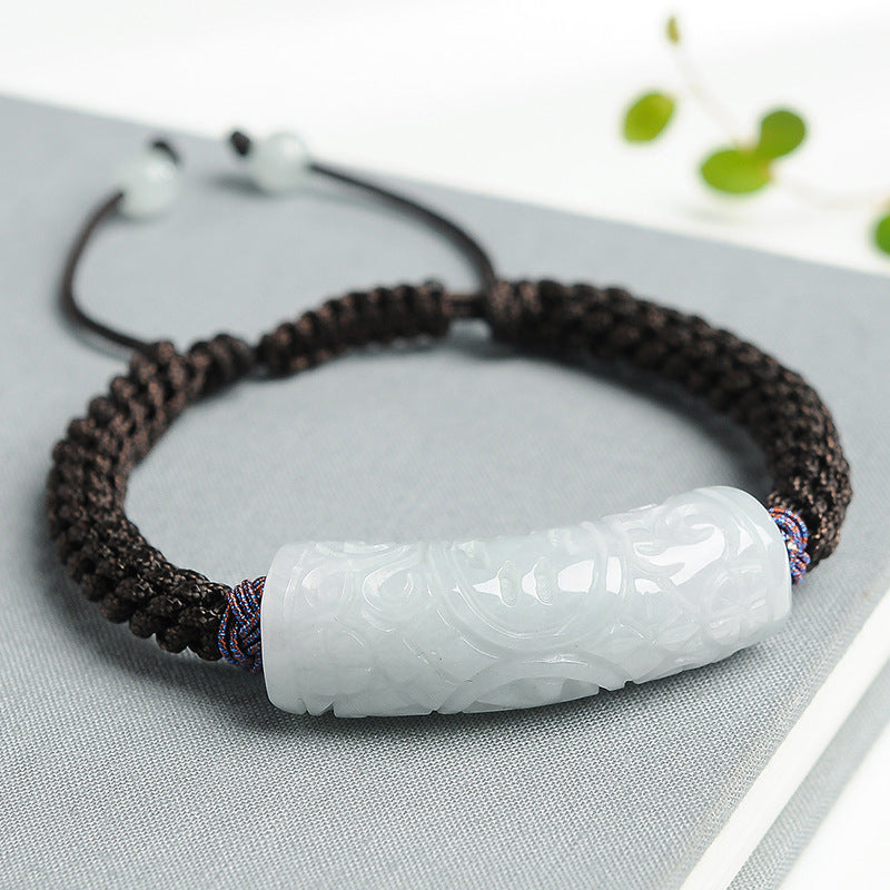 Natural Myanmar Grade A Jade Curved Bar Bracelet – Handmade with Good Fortune and Longevity Carvings