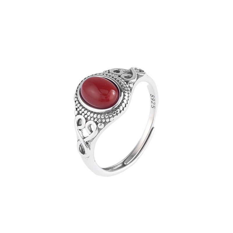 Vintage S925 Sterling Silver Ring with Agate & Turquoise – Adjustable Open Design for Women
