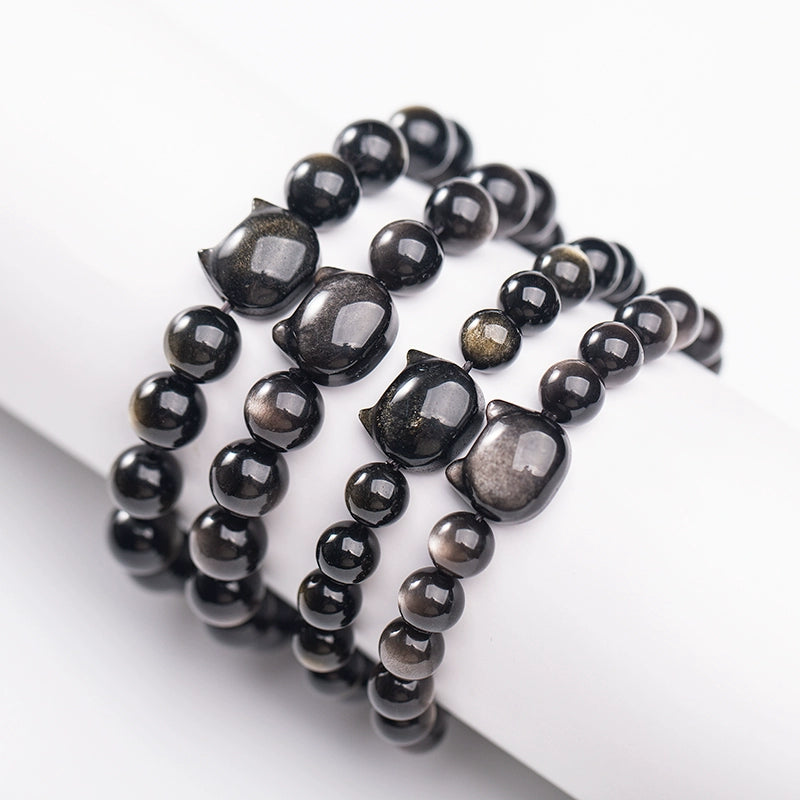 Natural Obsidian Cat Face Bead Bracelet – Natural Gold & Silver Obsidian, Dark Cat Style Jewelry
