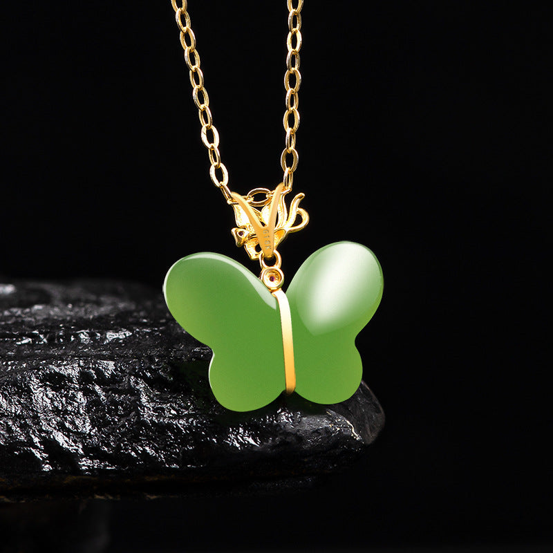 Authentic Green Hetian Jade Butterfly Necklace for Women with 18K Gold Setting