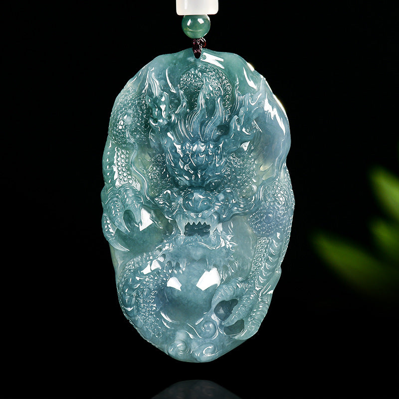 Natural Blue Water Jadeite Divine Dragon Guardian Pendant – A-Grade Jade, Zodiac Dragon Talisman