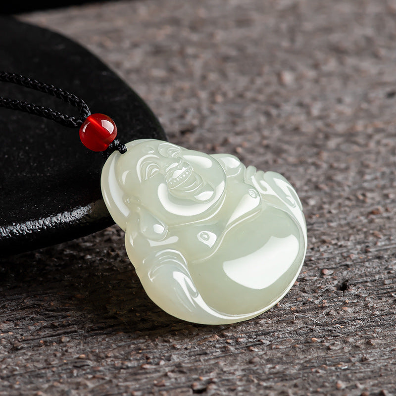 Natural Hetian White Jade Laughing Buddha Pendant for Men