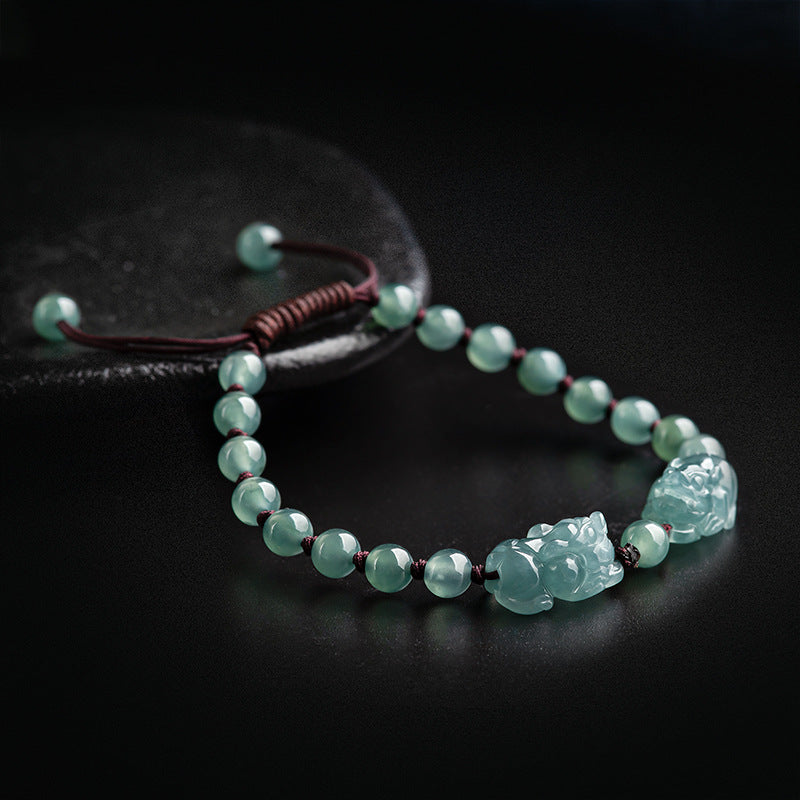 Natural A-Grade Blue Ice Jadeite Double PiXiu Handwoven Bracelet