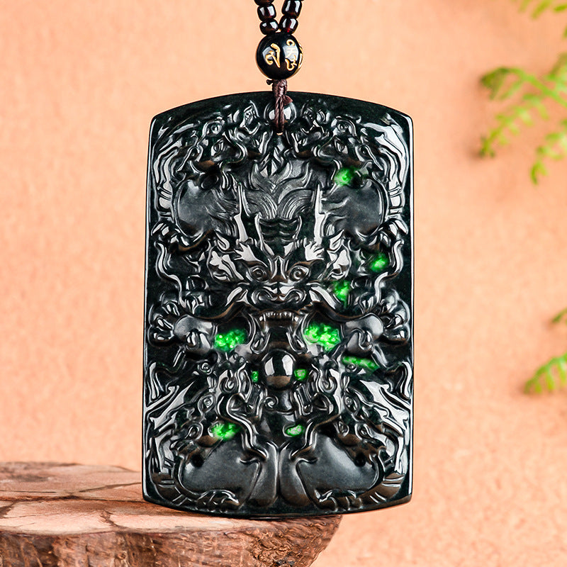 Natural A-Grade Black Jadeite Five Dragons Guardian Pendant