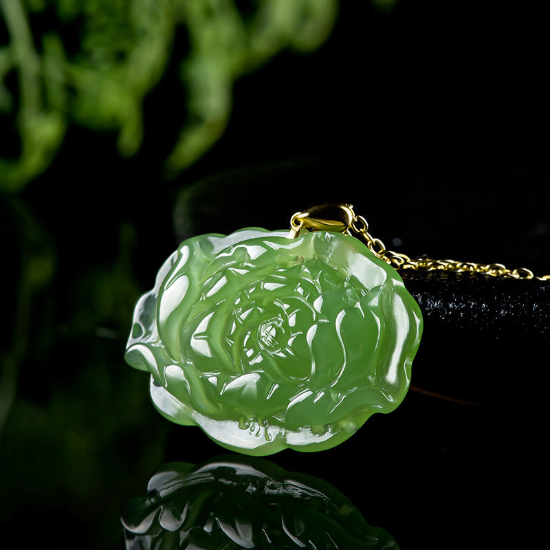 Authentic Hetian Green Jade Peony Pendant for Women, 18K Gold Setting