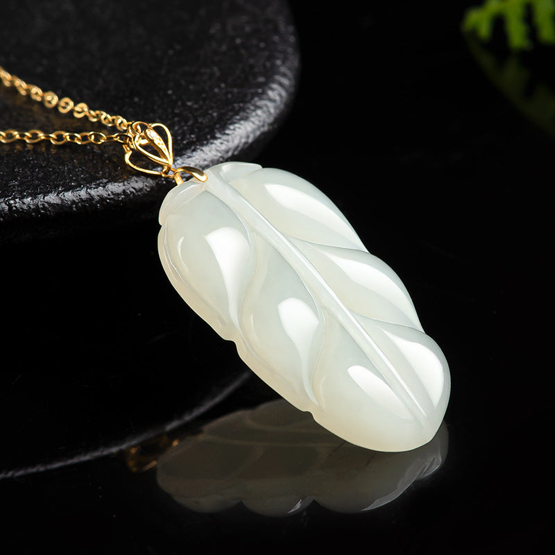 Natural Aged Hetian White Jade Gold Branch & Jade Leaf Pendant for Women
