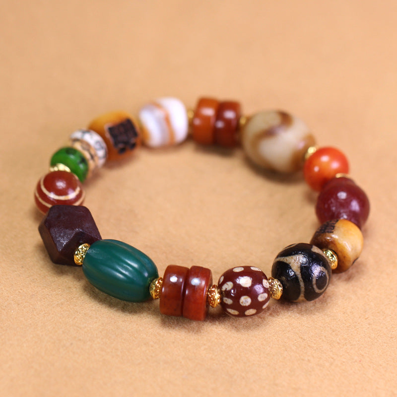 Natural Tibetan Tiger Tooth & Three-Eye Dzi Bracelet, 15×18mm