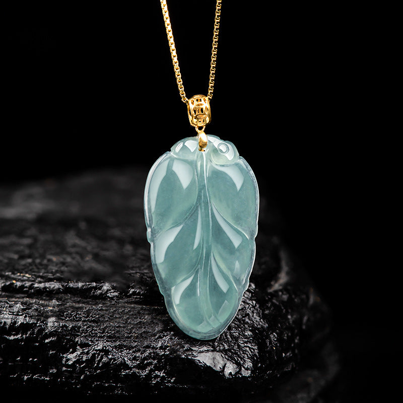 Natural Ice Blue Jadeite Leaf Pendant – Genuine A-Grade Blue Water Jade, 18K Gold Setting with 45cm Silver Chain