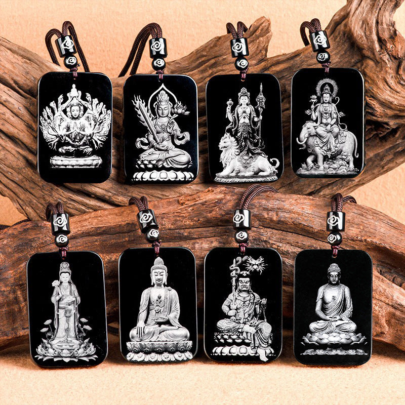 Natural Aged Black Jadeite Pendant – Eight Guardian Birth Buddhas Zodiac Statue, Unisex, Customizable Design