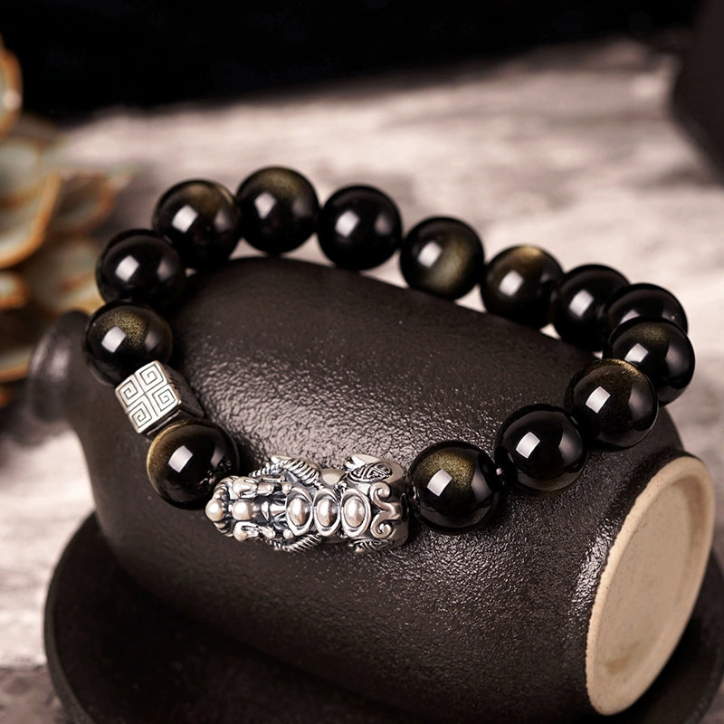 Feng Shui Bracelet Pure Silver Pixiu Bracelet Black Obsidian Men's Bracelet