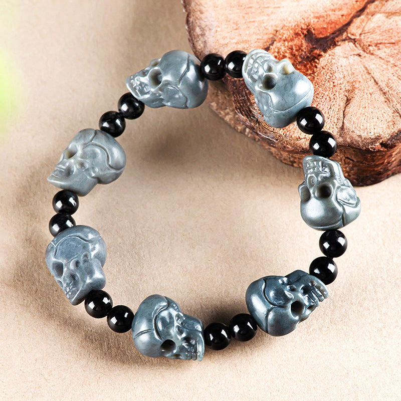 Natural Hetian Grey Jade Skull Bracelet – Hand-Carved Skull Beads, Unique Feng Shui Jewelry for Men & Women