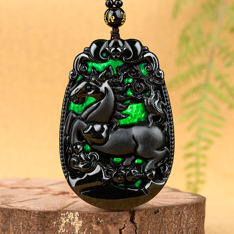 Natural A-Grade Black Jadeite Horse Zodiac Pendant