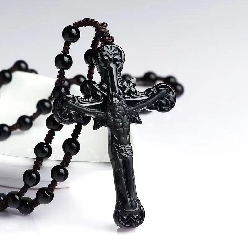 Natural A-Grade Black Jadeite Cross Pendant for Men and Women