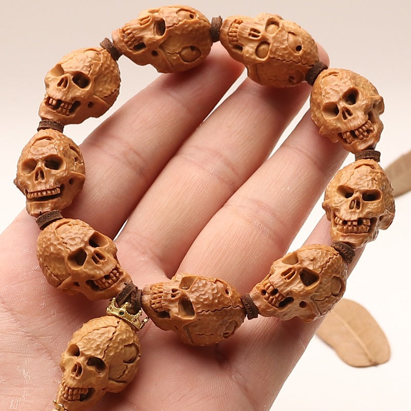 Hand-Carved Olive Pit Skull Bracelet Gothic Wenwan Bead Bracelet 18×26mm