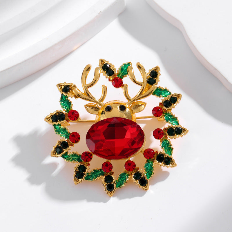 Christmas Reindeer Brooch Elk Brooch Crystal Wreath Pin for Women