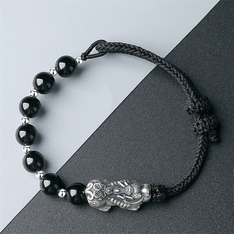 Natural Obsidian Hand-woven Boys Silver Bracelet