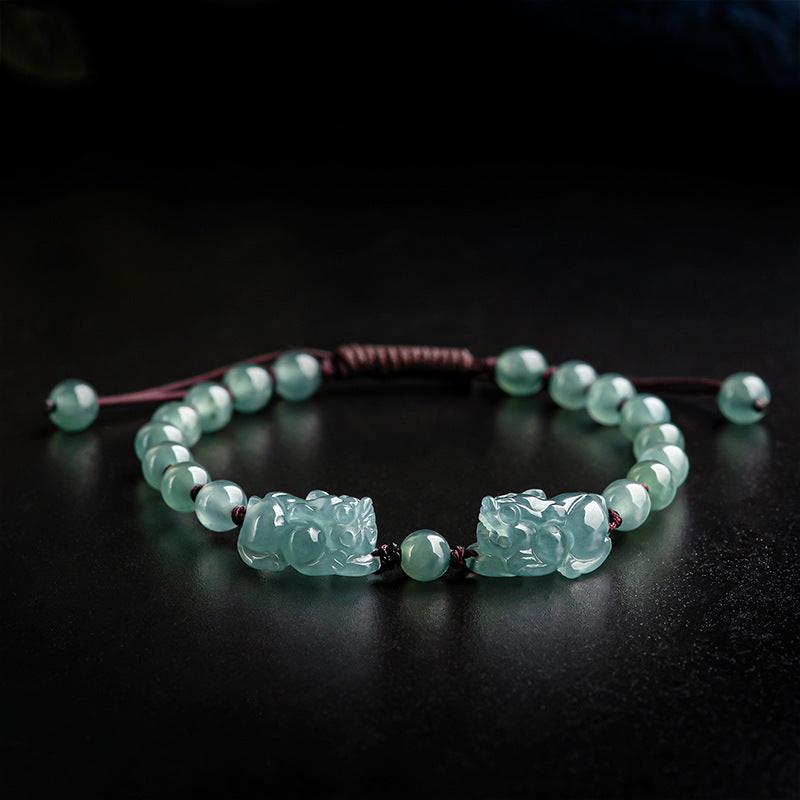 Natural A-Grade Blue Ice Jadeite Double PiXiu Handwoven Bracelet