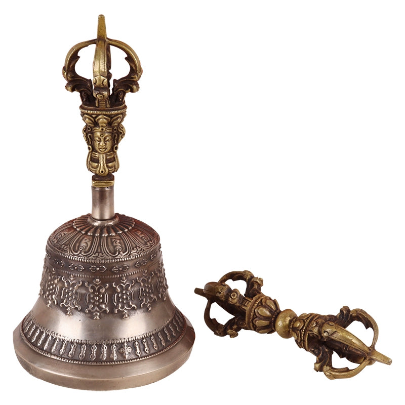 Nepalese Handmade Five-Pronged Vajra Bell and Dorje Set in Pure Copper (Model 3)