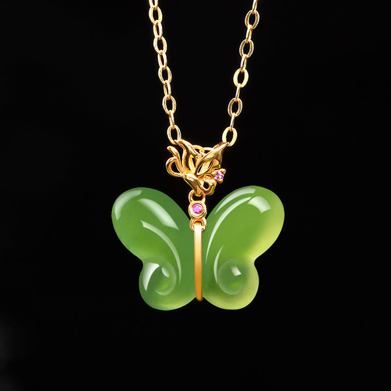 Authentic Green Hetian Jade Butterfly Necklace for Women with 18K Gold Setting