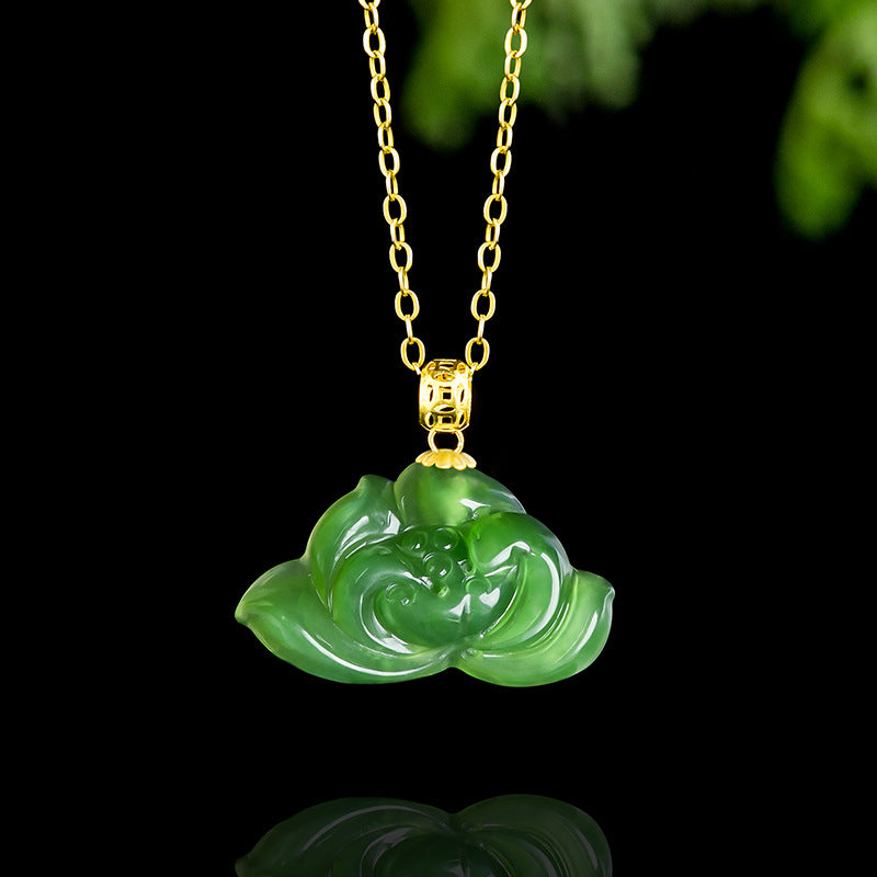 Authentic Hetian Green Jade Lotus Pendant for Women, 18K Gold Setting
