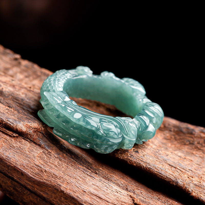 Natural A-Grade Blue Water Jadeite Dragon King Ring – Hand-Carved Ice-Type Jade Ring, 3D Dragon Design Thumb Ring for Men