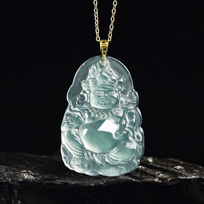 Natural Blue Water Jadeite Yellow Wealth God Pendant – A-Grade Ice-Type Jade, 18K Gold, Prosperity Talisman