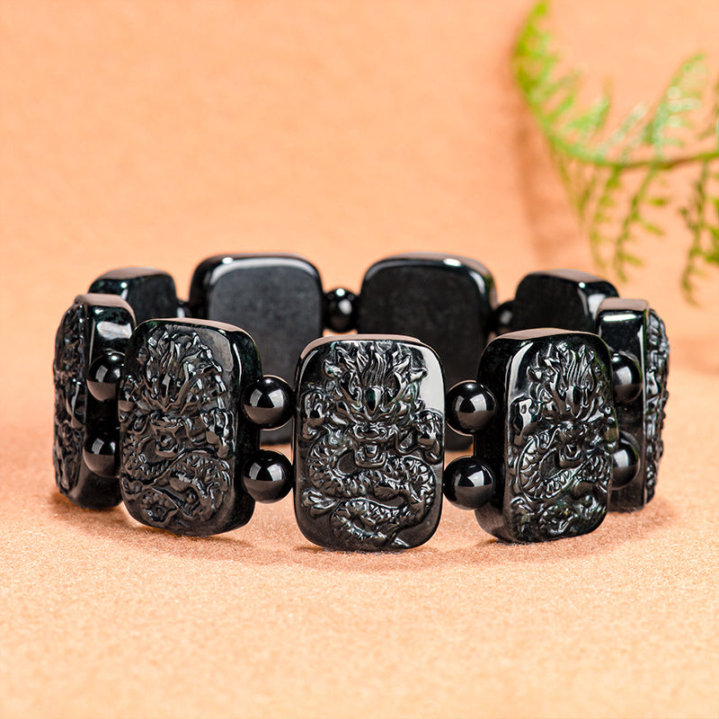 Premium Natural A-Grade Black Jadeite Nine Dragons Guardian Bracelet for Men
