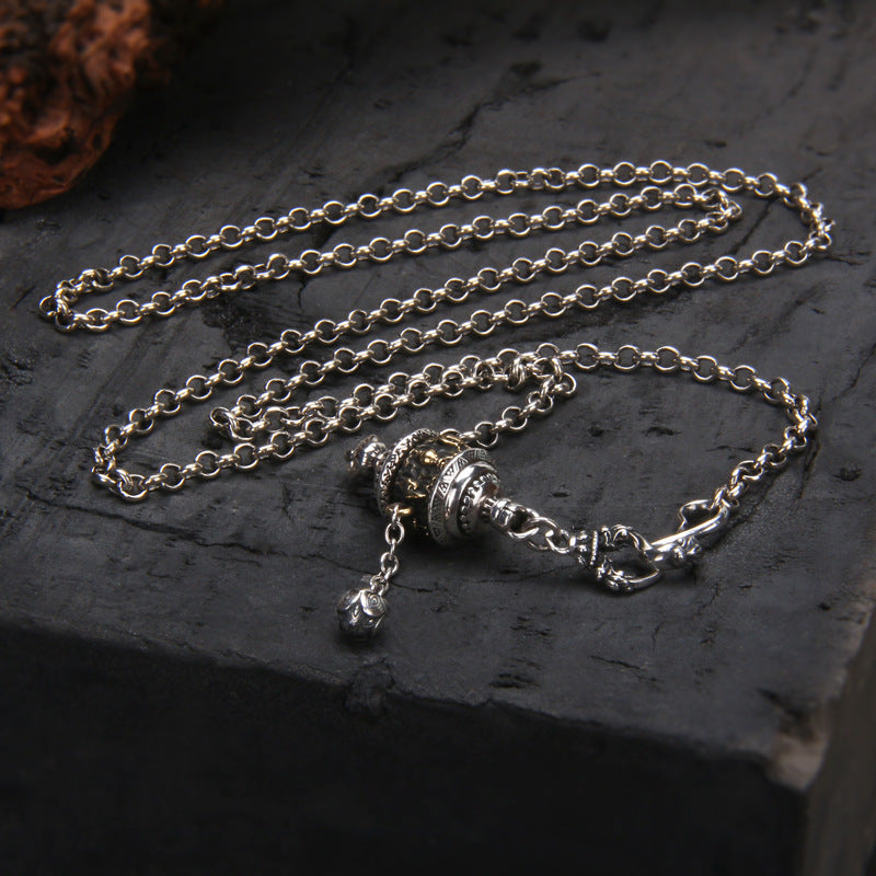 925 Sterling Silver Tibetan Prayer Wheel Pendant Sweater Chain
