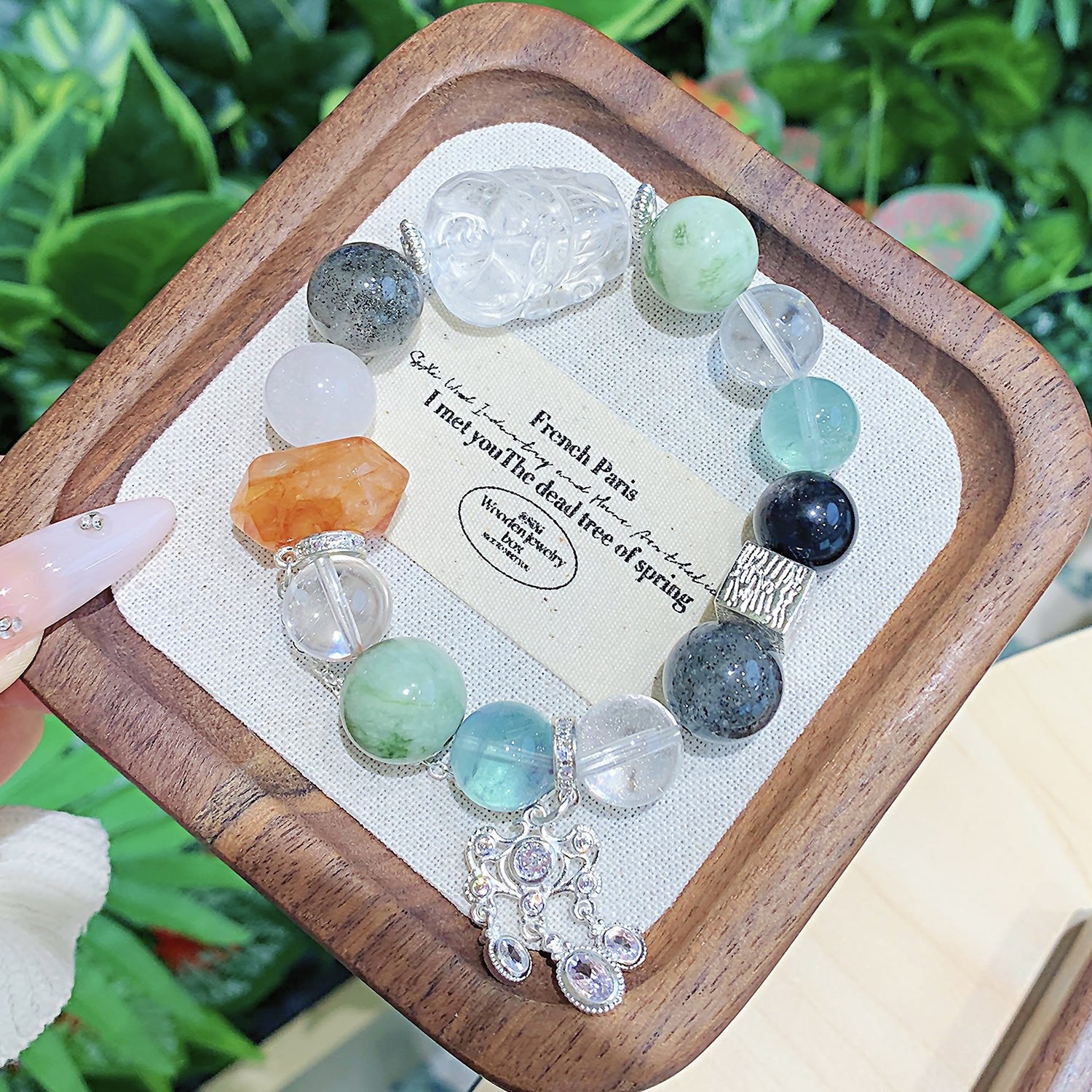 Custom Natural Xiuyan Jade Beaded Bracelet with White Crystal