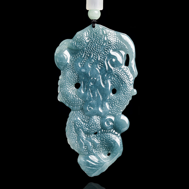 Natural Blue Water Jadeite 3D Dragon Pendant – A-Grade Jade, Zodiac Dragon Talisman, Powerful Amulet