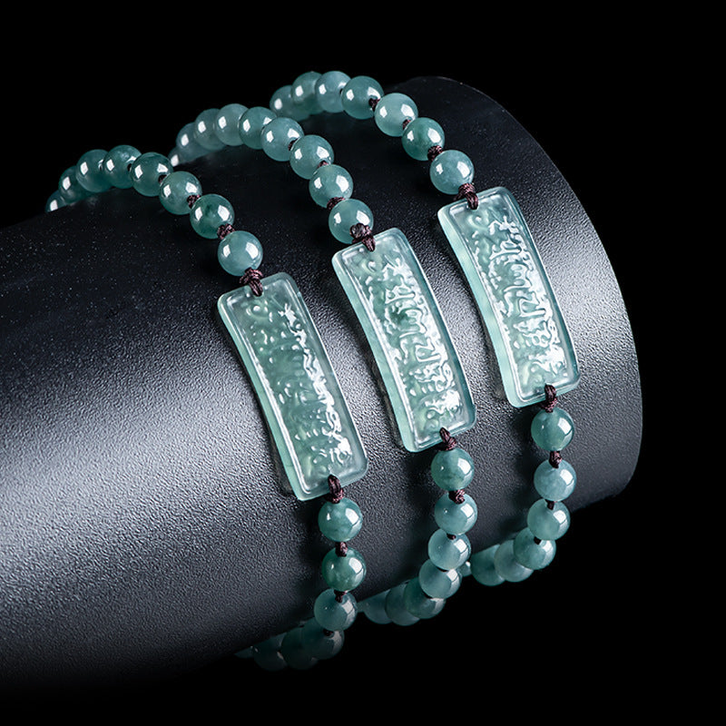 Natural A-Grade Blue Jadeite Six-Character Mantra Bracelet — Handwoven Ice-Grade Jade Lucky Charm