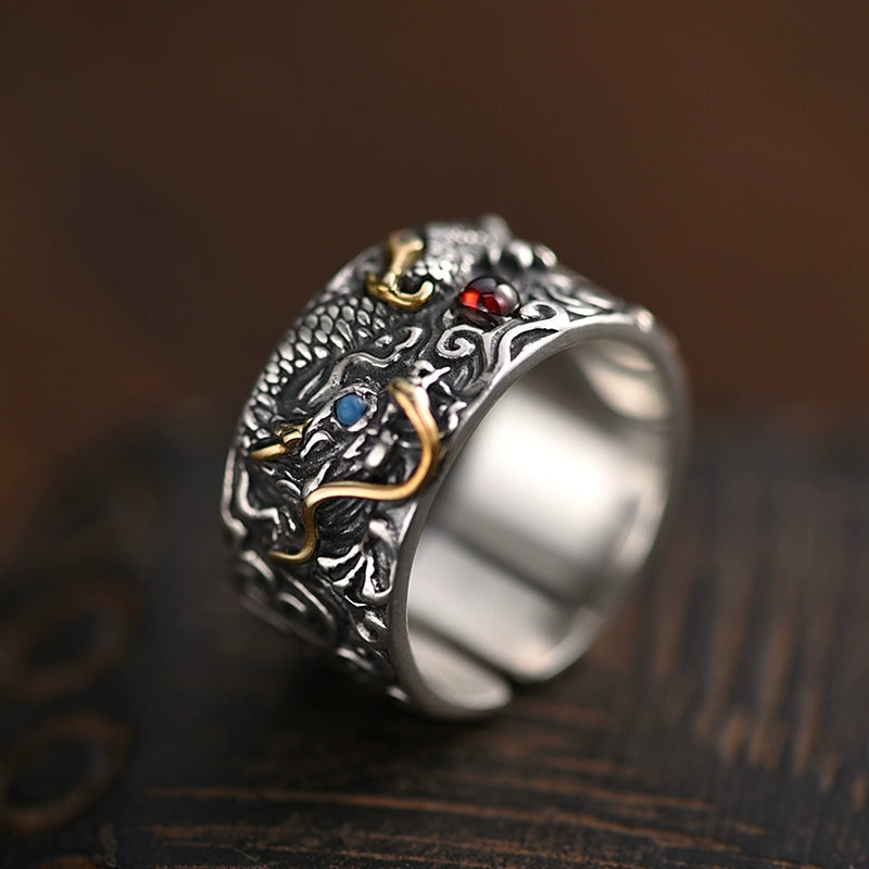 Auspicious Dragon Playing with Pearl 925 Silver Ring