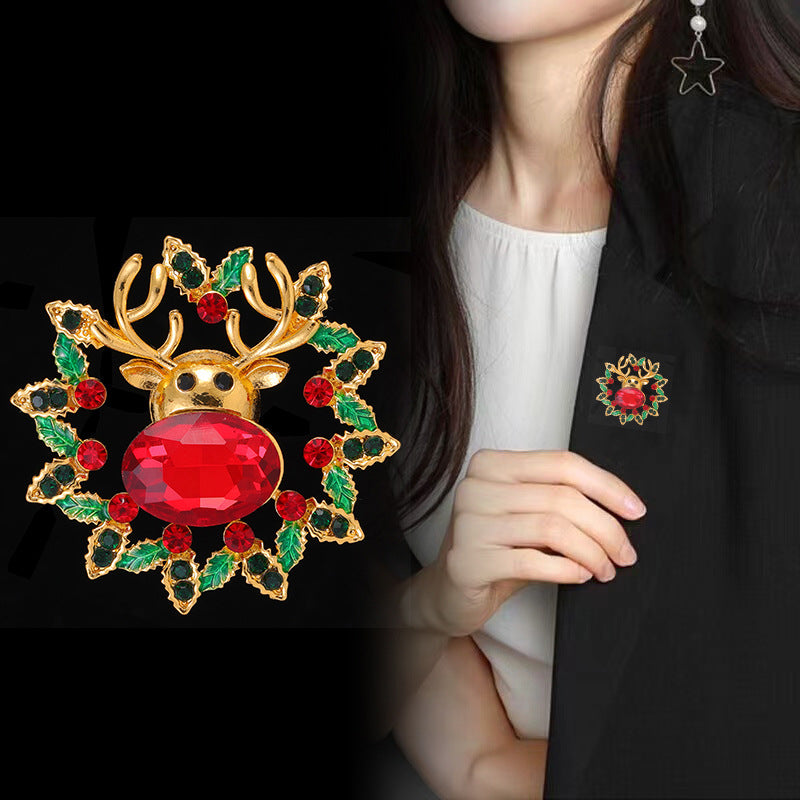 Christmas Reindeer Brooch Elk Brooch Crystal Wreath Pin for Women