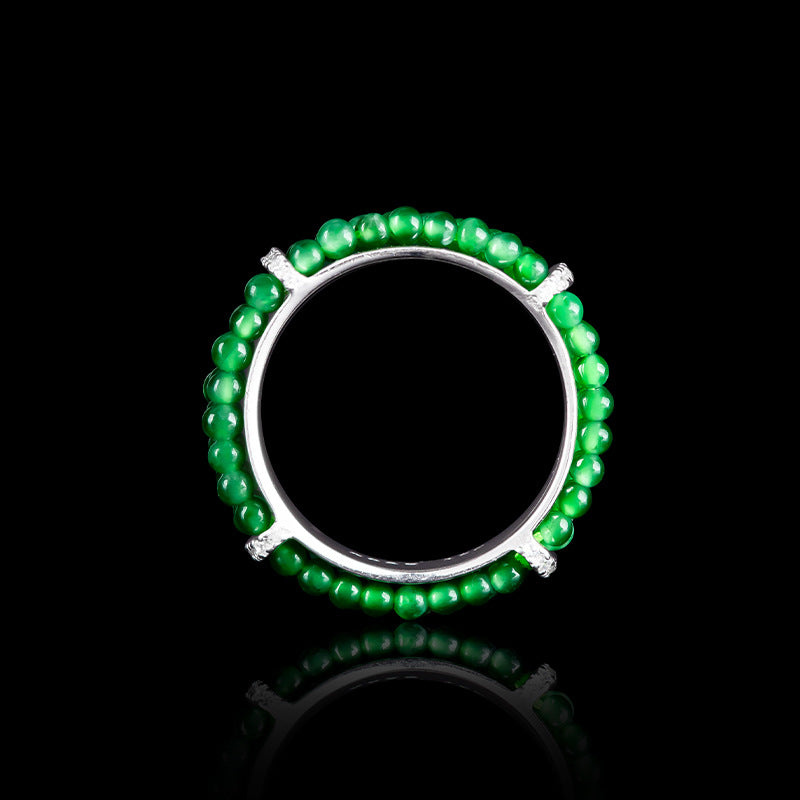 Natural A-Grade Jade “Emerald Green” Beaded Ring — S925 Sterling Silver